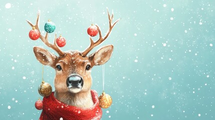 Cheerful Christmas Reindeer Illustration with Adornments and Snowy Background, Perfect for Holiday Themes