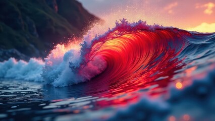 Crimson Sunset Wave A Breathtaking Ocean Scene of a Powerful, Curving Wave Illuminated by Fiery Hues