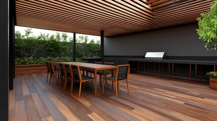 Fototapeta premium Outdoor dining experience modern patio interior design relaxing environment wide angle view contemporary style