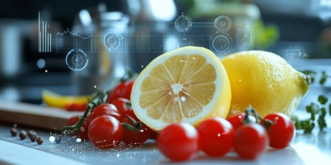Food analysis showing scientific data projected over cherry tomatoes and lemons