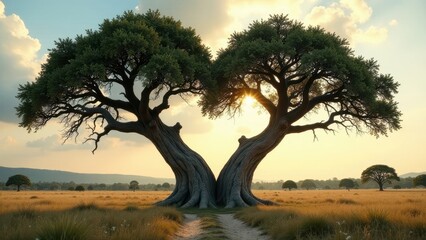 Fototapeta premium Golden Hour Embrace Two Majestic Trees Forming a Heart Shape at Sunset in a Serene Savanna Landscape