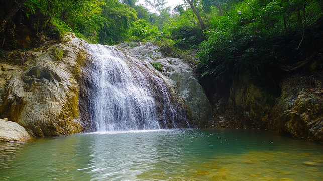 A serene waterfall cascading down rocky terrain into a crystal-clear pool surrounded by lush tropical greenery, showcasing the beauty of nature's water flow and peaceful environment.