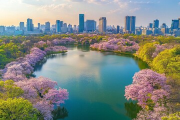 Fototapeta premium Aerial view of the serene lakeside in a city, with towering skyscrapers and blooming cherry blossom trees around. Colorful spring sky, clear blue water reflecting the cityscape