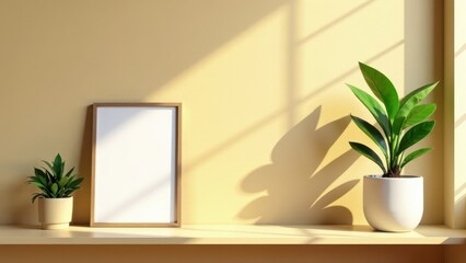 Sunlit Shelf with Blank Frame and Potted Plants A Peaceful Minimalist Home Decor Scene