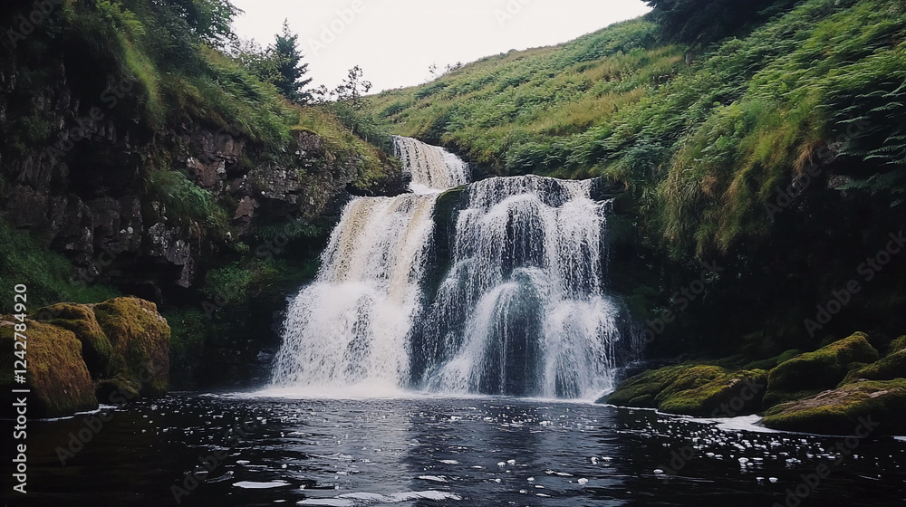 Poster a tranquil waterfall flowing down moss-covered rocks into a serene pool surrounded by lush greenery,