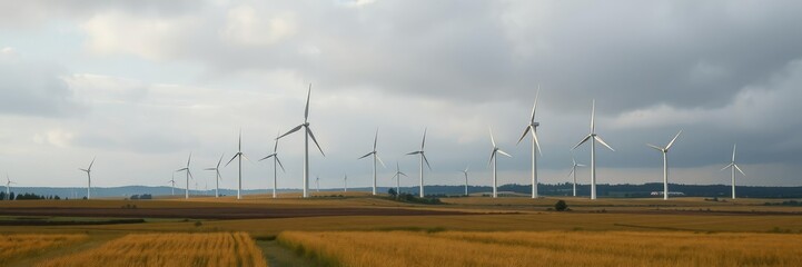 Fototapeta premium Wind turbines in a windy field on a cloudy day, sustainable development, industrial landscapes, environmental issues