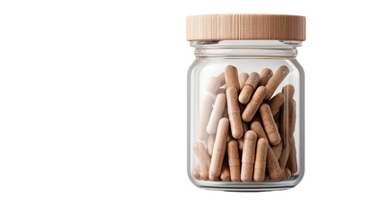 A glass jar filled with colorful food-shaped wooden pellets on a clean background.