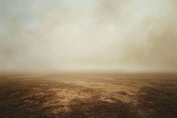 Obraz premium An endless, flat landscape in muted brown and grey tones. A foggy, atmospheric sky 
