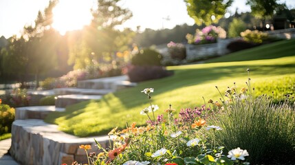 Beautiful spring garden. The green lawn emphasizes the blooming flowers in the garden. A diverse spectrum of colorful flowers, panoramic views of natural beauty