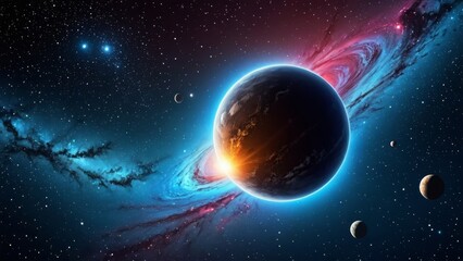 Obraz premium Planet with vibrant rings and distant stars in a colorful cosmic scene