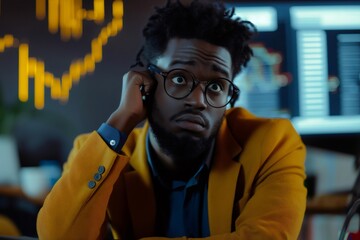 Worried businessman analyzing falling financial charts on computer screens in office at night