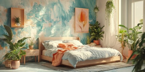 Serene Bedroom Design With Plants And Artistic Wall Decor