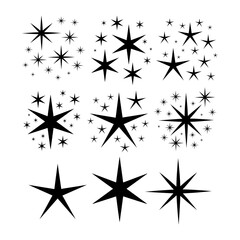 Set of Star Sparkle Shapes. Abstract Shine Vector Sign. Retro Futuristic Bright Icons Collection. Glowing Light Effect, Twinkle Templates Stars and Bursts, Shiny Flash.