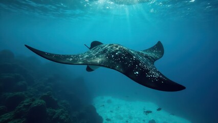 Naklejka premium Oceanic Splendor A Spotted Eagle Ray Glides Through Sunlit Waters
