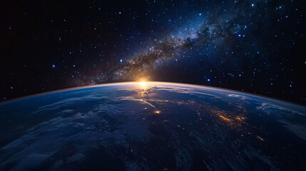 Dramatic view of outer space with a glowing galaxy and countless stars, capturing the vastness and mystery of the universe