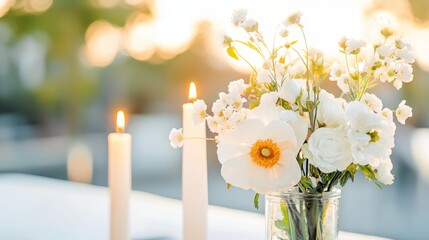 burning candlelight and white flowers tribute condolence memorial service announcement. with space for text an obituary, list of dead. Funeral concept