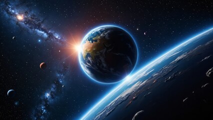 Obraz premium Earth and other celestial bodies in space with a stunning sunrise over the horizon