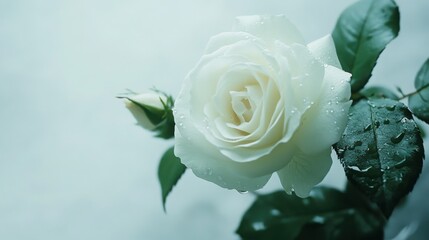 A fresh white rose with dew-kissed petals and green leaves, positioned on a plain white backdrop.