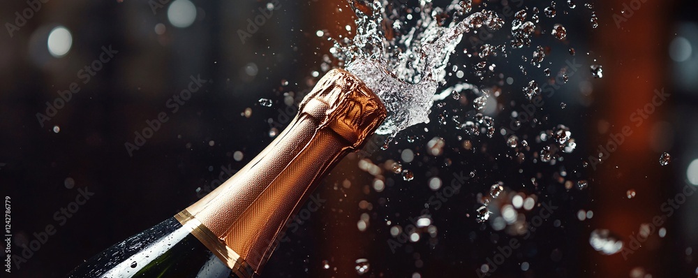 Poster champagne bottle uncorking with sparkling wine splashing out