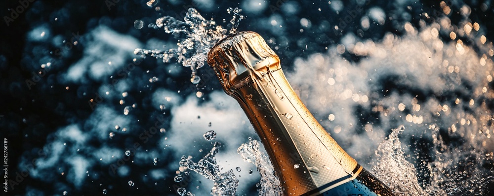 Poster Champagne bottle exploding with water splashing everywhere
