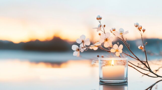 burning candlelight and white flowers tribute condolence memorial service announcement. with space for text an obituary, list of dead. Funeral concept