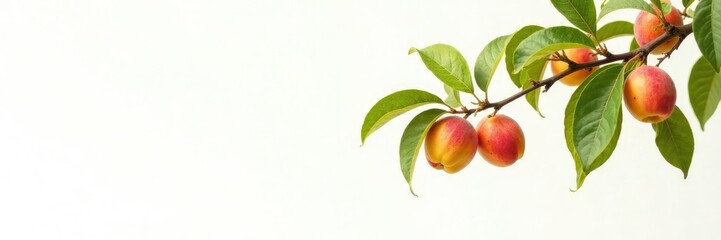 White background with a lone branch of peach tree bearing ripe peaches, yellow, bright, trees