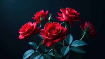Fototapeta premium A captivating cluster of deep crimson roses, elegantly arranged against a rich, dark backdrop, showcasing the velvety texture and vibrant hue of each blossom.