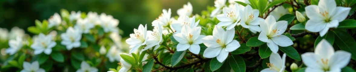Obraz premium White azaleas cascading down a curved shrub trunk, cascade, flowers