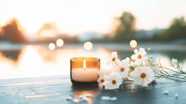 burning candlelight and white flowers tribute condolence memorial service announcement. with space for text an obituary, list of dead. Funeral concept