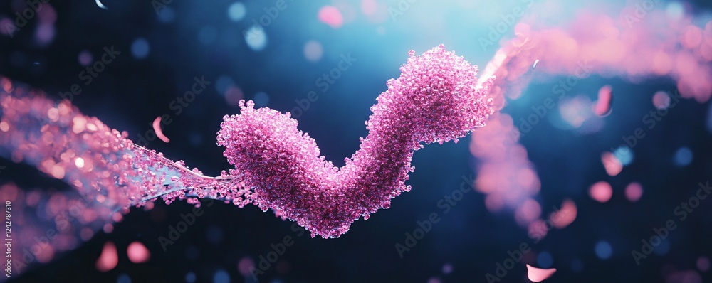 Poster pink molecule structure floating on blue background