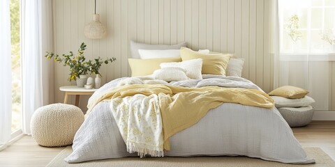 Stylish Bedroom Decor Featuring a Grey and Yellow Bed