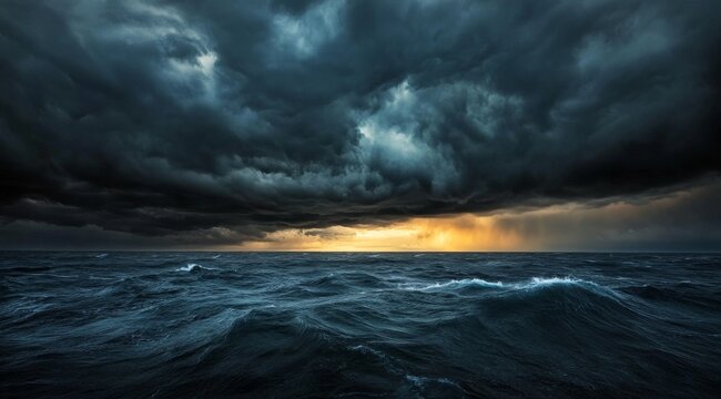 Dramatic ocean storm cloudscape; waves, sunset