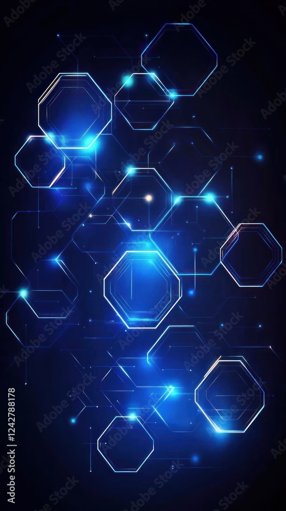 Poster digital network glowing blue hexagonal nodes connected by lines against a dark background. use for t