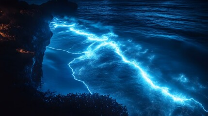 Dramatic electric blue lightning, vibrant glowing energy illuminating dark surroundings, evokes power and intensity, ideal for dynamic themes.