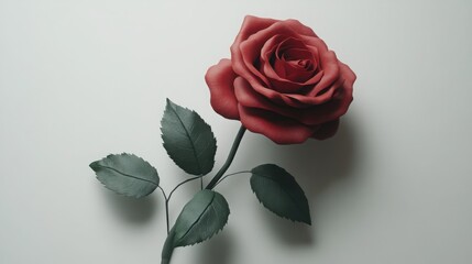 Fototapeta premium A single red rose with velvety petals and lush green leaves, isolated on a pure white surface. --ar 16:9
