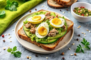 Healthy Avocado Rye Toast with Tuna & Egg - Night Photography Breakfast Snack