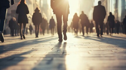 Obraz premium City street crowd walking sunset commute urban background