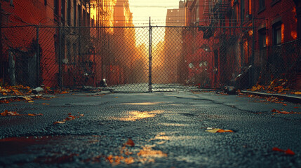 A chain-link fence casting geometric shadows on a sunlit industrial alleyway