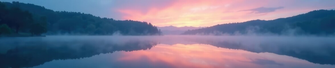 Fototapeta premium Water reflected in a misty lake on a cloudy evening, fog, lake, nature