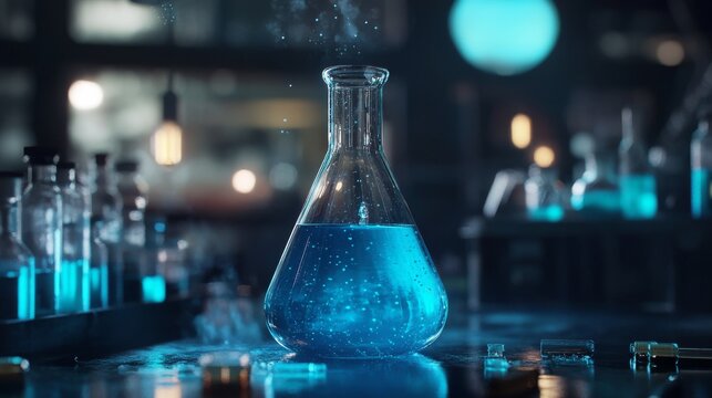 Abstract lab flask with blue liquid on a vibrant chemistry background, showcasing chemical reactions and scientific experimentation, with soft glowing light and molecular structures for a futuristic s