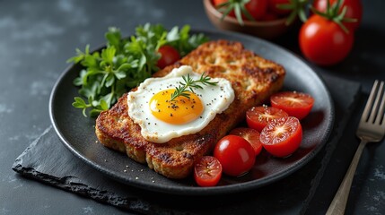 "Here is a delicious breakfast with a fried egg and tomatoes.