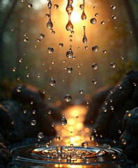 Water droplets suspended in air with golden glow, gas, particles, suspended