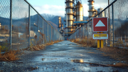 Obraz premium A chain-link fence surrounding a restricted industrial area, with warning signs and distant machinery