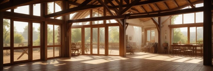 Obraz premium Warm sunbeams illuminate the wooden beams of a charming farmhouse, autumn serenity, rustic decor