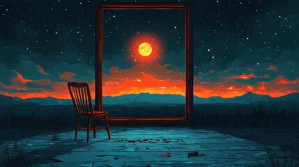 Night sky, red moon, chair, room, landscape, artwork, contemplation, digital art