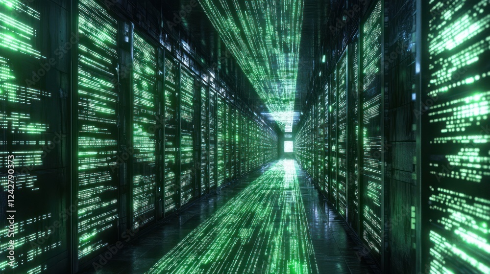 Poster Green Digital Code Corridor  Illuminating Data Streams