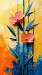 Bamboo and poppies on a background of an orange wall