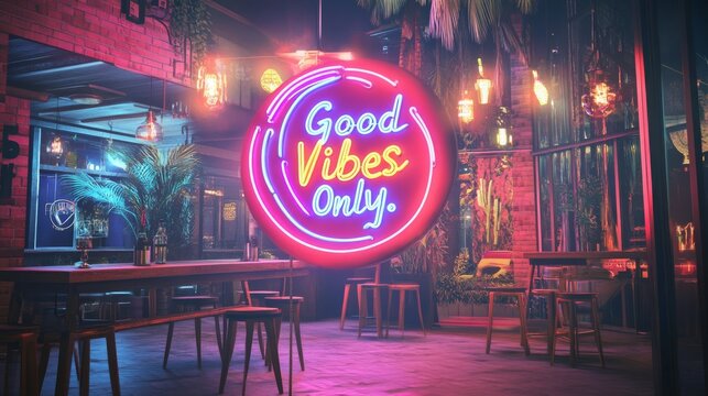 Good Vibes Only - Retro Neon sign with neon icons cafe or bar in 90s style. Neon signboard, light banner with text Good Vibes Only. Neon sign for night club, music, party. Editable vector