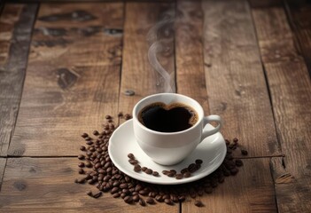 Obraz premium Vintage style coffee cup with heart-shaped steam and dark beans on old wooden surface, special blend, coffee lover, nostalgic