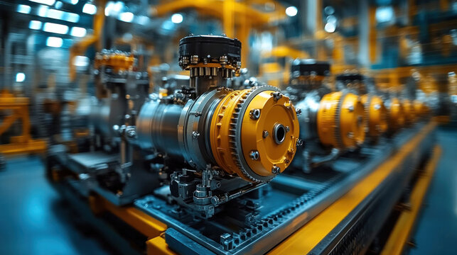 A factory producing zero-emission hydrogen engines for transportation, showcasing advanced green technologies